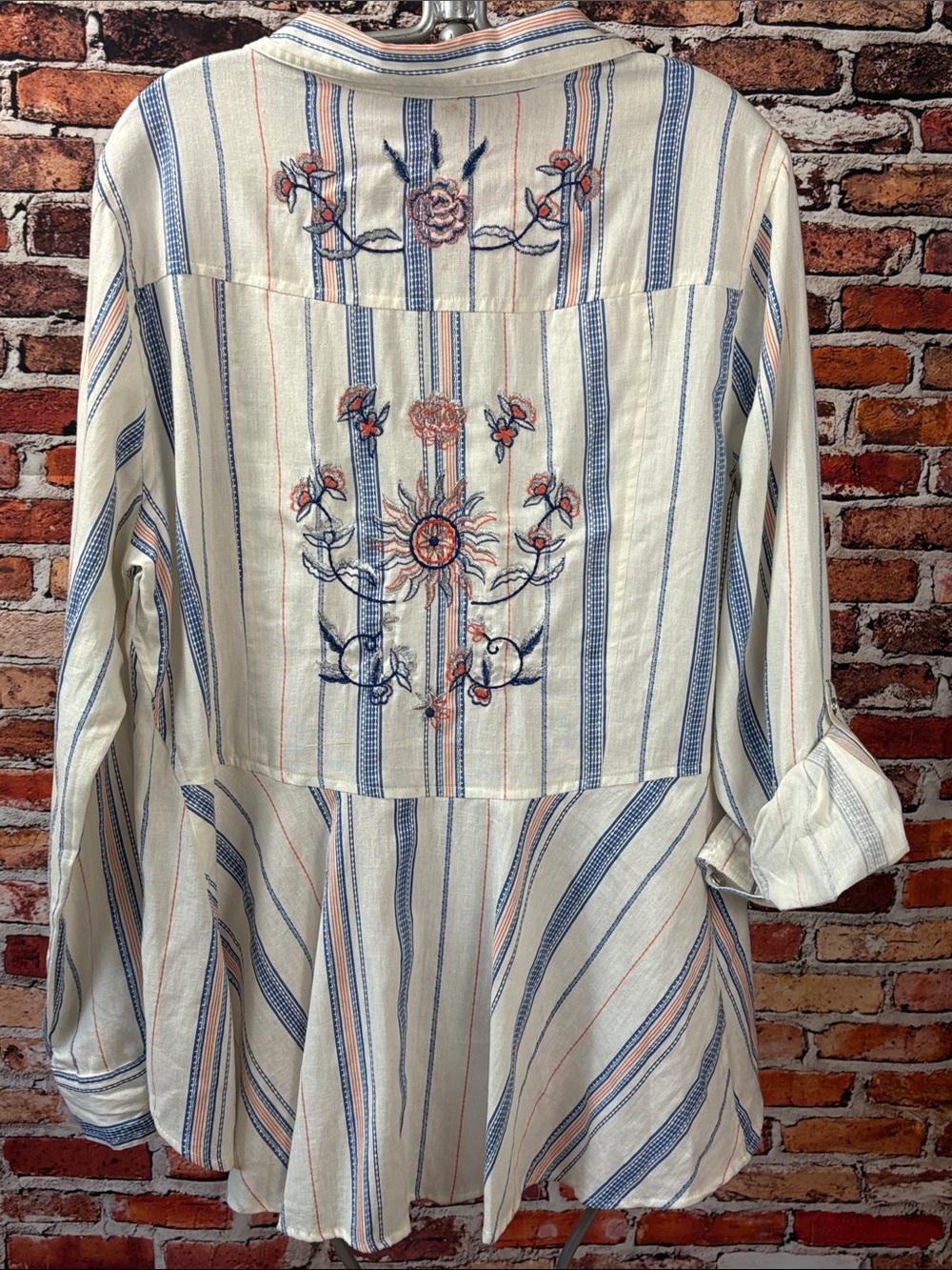 Lola P. Embroidered Stripe Button-Down Shirt Cream with Blue & Orange Stripes S